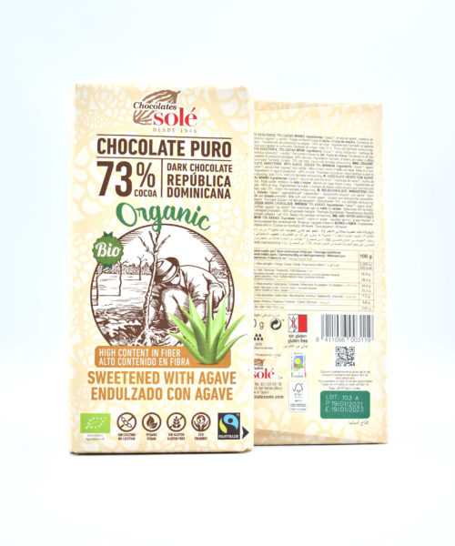 Chocolate Puro 73% Cacao Orgánico, Endulzado con Ágave Solé.