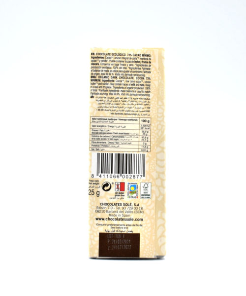 Chocolate Puro 73 Cacao Organico Sole 2 25gr. Arboldeneem 2917
