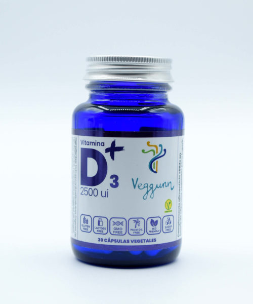 Vitamina D3 Capsulas Vegetales 2500 ui Veggunn B12 Veggunn no contiene conservantes, ni azúcares añadidos, sin gluten y sin lactosa.